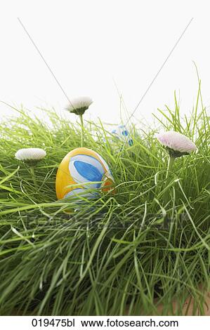 Stock Image - two painted easter eggs lying in grass. Fotosearch