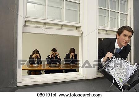 businessman leaving office building through window with briefcase full of shredded paper View Large Photo Image Stock Image - businessman leaving office building through window with briefcase full of shredded paper. Fotosearch