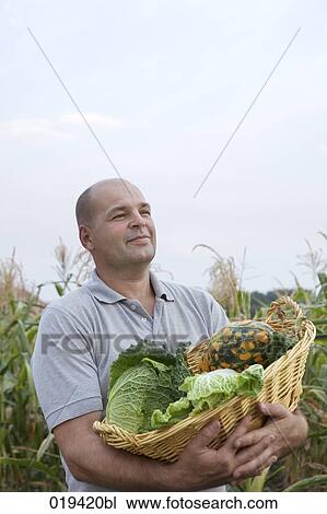 portrait of farmer holding basket with cabbage and pumpkins View Large Photo Image Stock Image - portrait of farmer holding basket with cabbage and pumpkins. Fotosearch