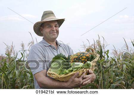 portrait of farmer holding basket with cabbage and pumpkins View Large Photo Image Stock Image - portrait of farmer holding basket with cabbage and pumpkins. Fotosearch