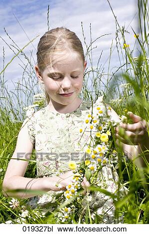 portrait of young girl playing with daisis in meadow View Large Photo Image Stock Image - portrait of young girl playing with daisis in meadow. Fotosearch