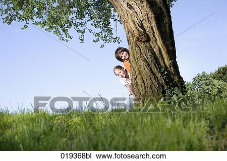 sister and brother peeking behind tree View Large Photo Image Stock Image - sister and brother peeking behind tree. Fotosearch