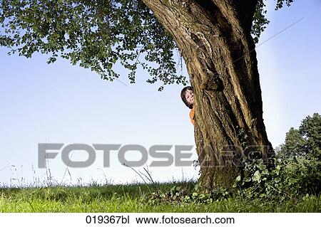 young boy peeking behind tree View Large Photo Image Stock Image - young boy peeking behind tree. Fotosearch