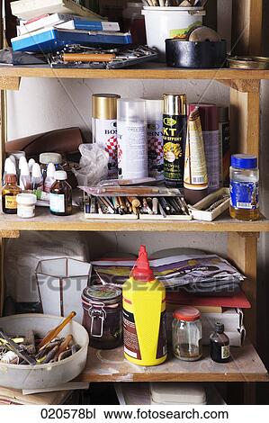 different objects on shelf in workshop View Large Photo Image Stock Image - different objects on shelf in workshop. Fotosearch
