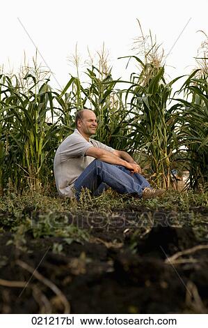 Stock Image - portrait of farmer sitting in corn field. Fotosearch