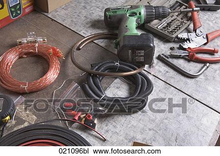 Stock Image - still life of different tools at workshop. Fotosearch