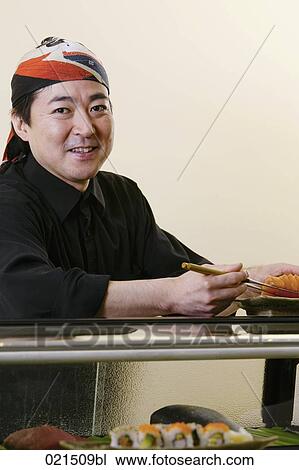 portrait of japanese sushi chef View Large Photo Image Stock Image - portrait of japanese sushi chef. Fotosearch