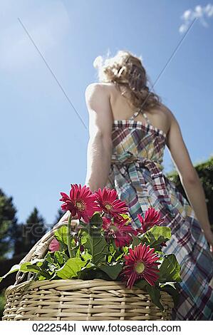rear view of young woman carrying basket full of flowers View Large Photo Image Stock Image - rear view of young woman carrying basket full of flowers. Fotosearch