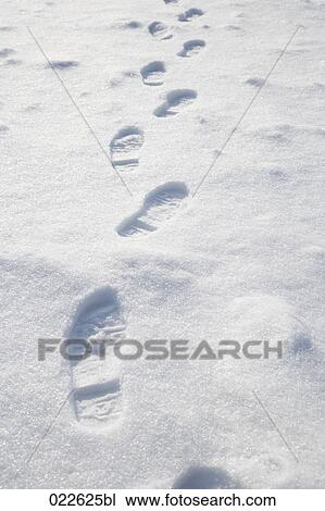 Stock Image - human foot steps in winter snow. Fotosearch