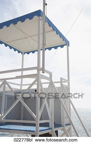 Stock Image - lifeguard tower on beach near Menton in France. Fotosearch