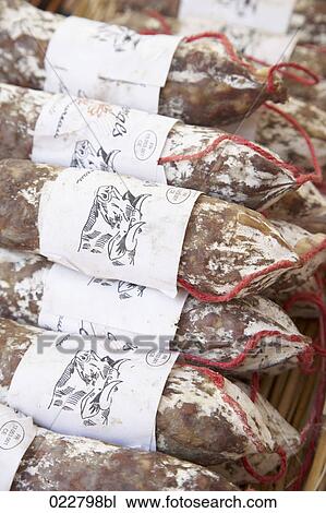 sausages on display at market View Large Photo Image Stock Image - sausages on display at market. Fotosearch