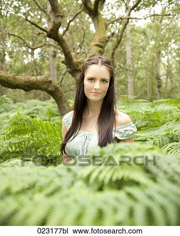 portrait of young woman in forest View Large Photo Image Stock Image - portrait of young woman in forest. Fotosearch