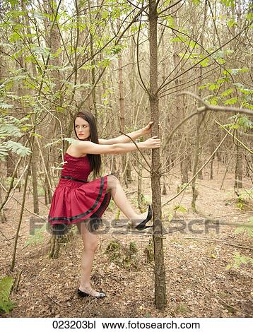 young woman in red dress in a forest View Large Photo Image Stock Image - young woman in red dress in a forest. Fotosearch