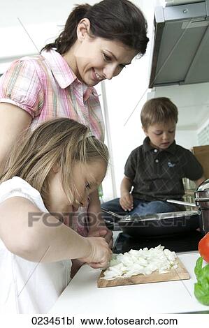 Stock Image - mother cooking with her children. Fotosearch