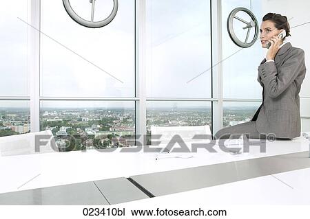 Stock Image - portrait of businesswoman talking on telephone in conference room. Fotosearch