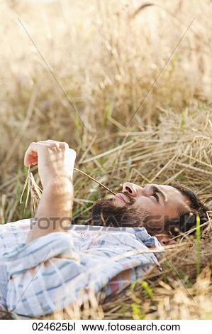 Stock Image - portrait of young man lying in field. Fotosearch