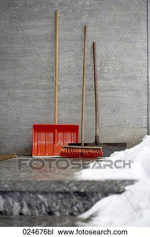 still life of snow shovel broom and shovel in winter View Large Photo Image Stock Image - still life of snow shovel broom and shovel in winter. Fotosearch