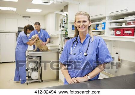 Smiling veterinarian standing in vet's surgery View Large Photo Image Picture - Smiling veterinarian standing in vet's surgery. Fotosearch