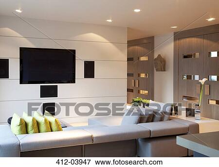 Sofa and television in modern living room View Large Photo Image Stock Photo - Sofa and television in modern living room. Fotosearch