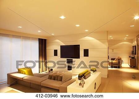 Sofa and television in modern living room View Large Photo Image Stock Photograph - Sofa and television in modern living room. Fotosearch