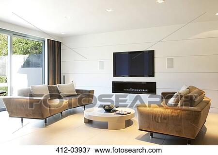 Sofas and television in modern living room View Large Photo Image Stock Photo - Sofas and television in modern living room. Fotosearch