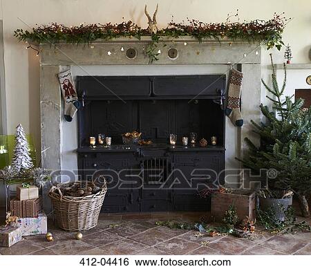 Fireplace decorated for Christmas View Large Photo Image Stock Photograph - Fireplace decorated for Christmas. Fotosearch