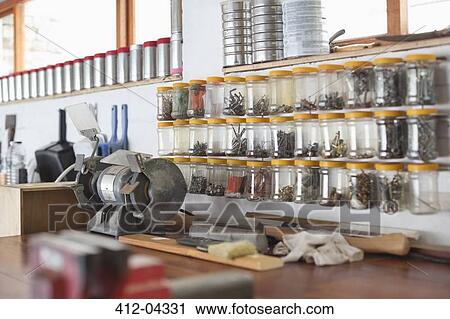 Jars and counter top in workshop View Large Photo Image Stock Image - Jars and counter top in workshop. Fotosearch