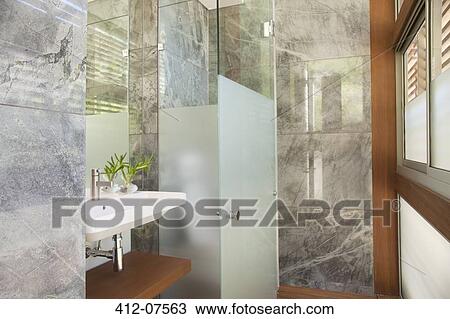 Modern bathroom with marble shower View Large Photo Image Stock Image - Modern bathroom with marble shower. Fotosearch