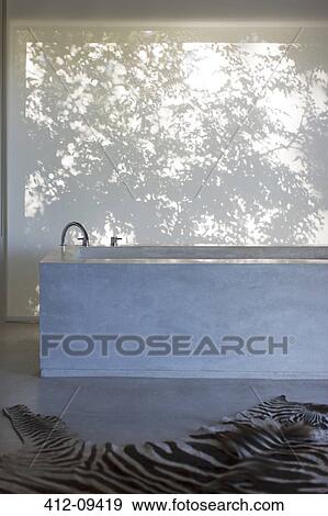 Stock Photo - Bathtub and zebra print rug in modern bathroom. Fotosearch
