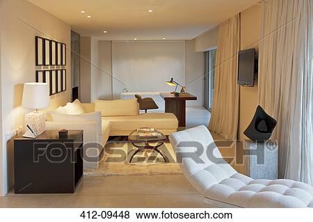 Stock Photo - Chaise and sofa in modern living room. Fotosearch
