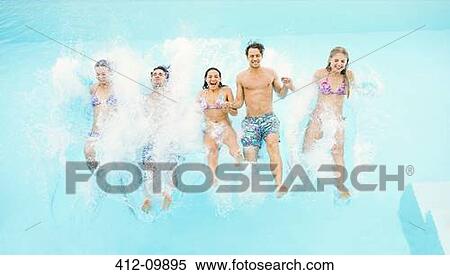 Friends jumping into swimming pool View Large Photo Image Stock Photography - Friends jumping into swimming pool. Fotosearch