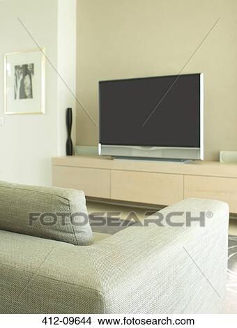 Sofa and television in modern living room View Large Photo Image Picture - Sofa and television in modern living room. Fotosearch