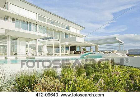 Swimming pool outside modern house View Large Photo Image Stock Image - Swimming pool outside modern house. Fotosearch