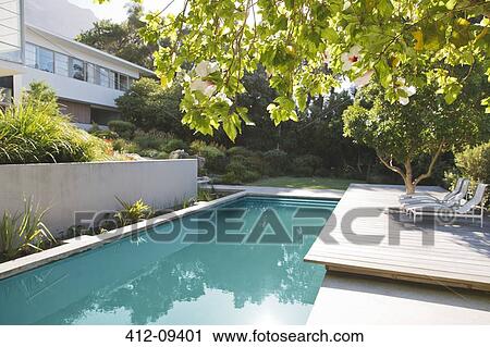 Wooden deck and lounge chairs by swimming pool View Large Photo Image Stock Image - Wooden deck and lounge chairs by swimming pool. Fotosearch