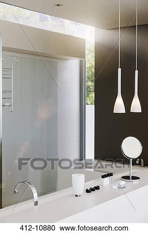 Sink and shower in modern bathroom View Large Photo Image Stock Image - Sink and shower in modern bathroom. Fotosearch