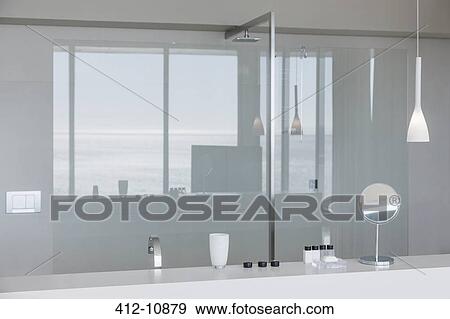 Sink and shower in modern bathroom View Large Photo Image Stock Photo - Sink and shower in modern bathroom. Fotosearch