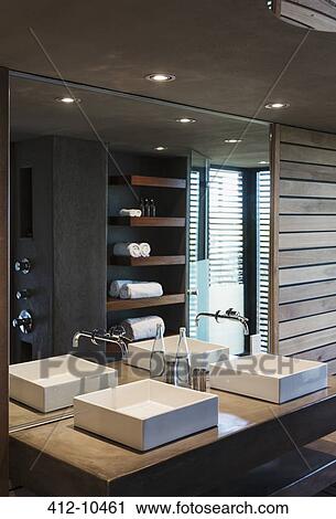Sinks and mirror in modern bathroom View Large Photo Image Stock Image - Sinks and mirror in modern bathroom. Fotosearch