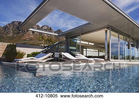 Swimming pool and patio outside modern house View Large Photo Image Stock Photography - Swimming pool and patio outside modern house. Fotosearch