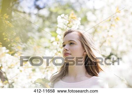Woman under tree with white blossoms View Large Photo Image Stock Photo - Woman under tree with white blossoms. Fotosearch
