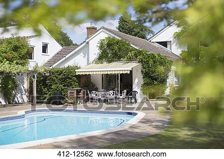 Swimming pool in backyard of house View Large Photo Image Stock Image - Swimming pool in backyard of house. Fotosearch
