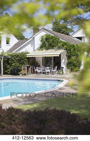 Swimming pool in backyard of house View Large Photo Image Stock Image - Swimming pool in backyard of house. Fotosearch