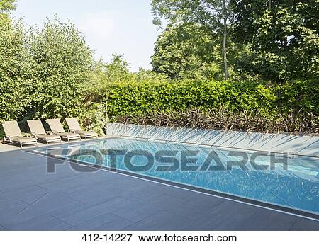 Lounge chairs by luxury lap pool View Large Photo Image Stock Photo - Lounge chairs by luxury lap pool. Fotosearch