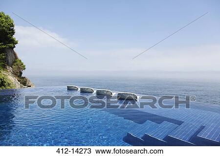 Lounge chairs in infinity pool overlooking ocean View Large Photo Image Stock Image - Lounge chairs in infinity pool overlooking ocean. Fotosearch