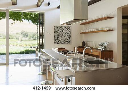Modern kitchen overlooking patio and vineyard View Large Photo Image Stock Image - Modern kitchen overlooking patio and vineyard. Fotosearch