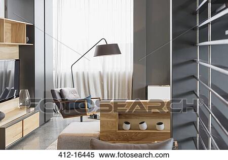 Chair and lamp in modern living room View Large Photo Image Stock Photography - Chair and lamp in modern living room. Fotosearch