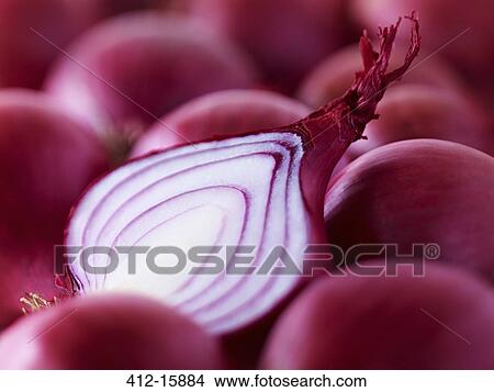Picture - Extreme close up of raw sliced red onion. Fotosearch