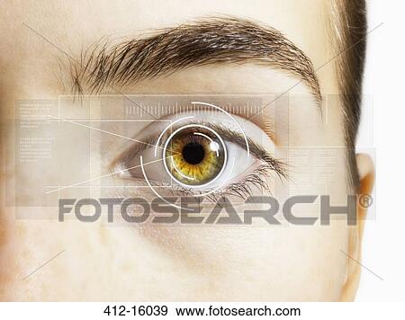 Stock Photo - Extreme close up of retina scanner over hazel eye. Fotosearch