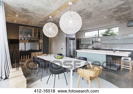 Modern dining room and kitchen View Large Photo Image Stock Photo - Modern dining room and kitchen. Fotosearch