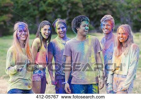 Portrait of friends covered in chalk dye View Large Photo Image Stock Photo - Portrait of friends covered in chalk dye. Fotosearch