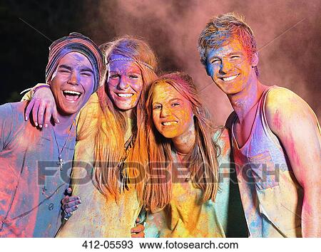 Portrait of friends covered in chalk dye at music festival View Large Photo Image Stock Image - Portrait of friends covered in chalk dye at music festival. Fotosearch